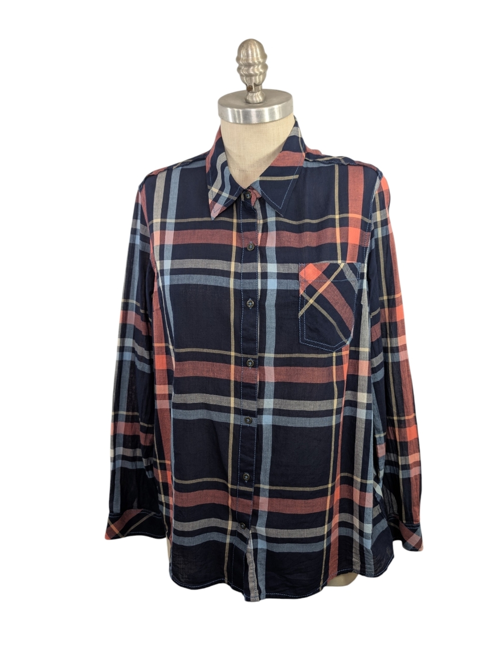 Natural Reflections Plaid Button Down Shirt - Large -Navy/Orange/Blue